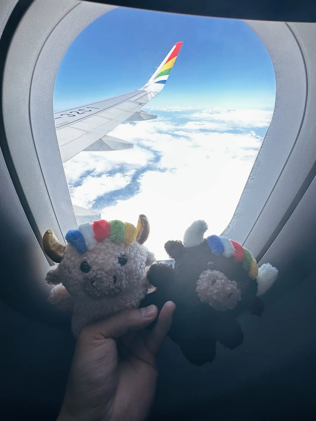 Tashi and Dele held up at an airplane window, flying above a sea of clouds — 飛機窗邊雲海上的扎西與德勒
