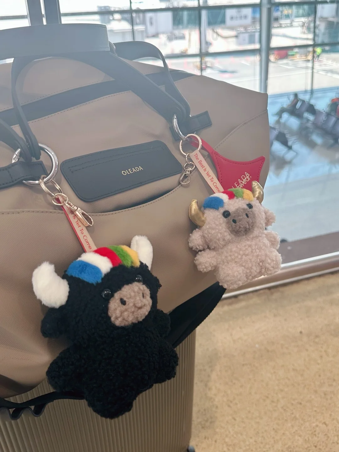Tashi and Dele hanging as bag charms on a travel bag at the airport — 機場裡掛在旅行包上的扎西與德勒