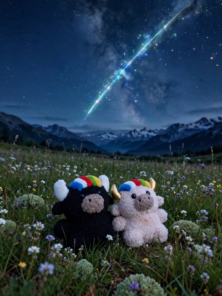 Tashi and Dele sitting in a flower meadow under a starry sky with a bright meteor streak — 星空花海裡的扎西與德勒