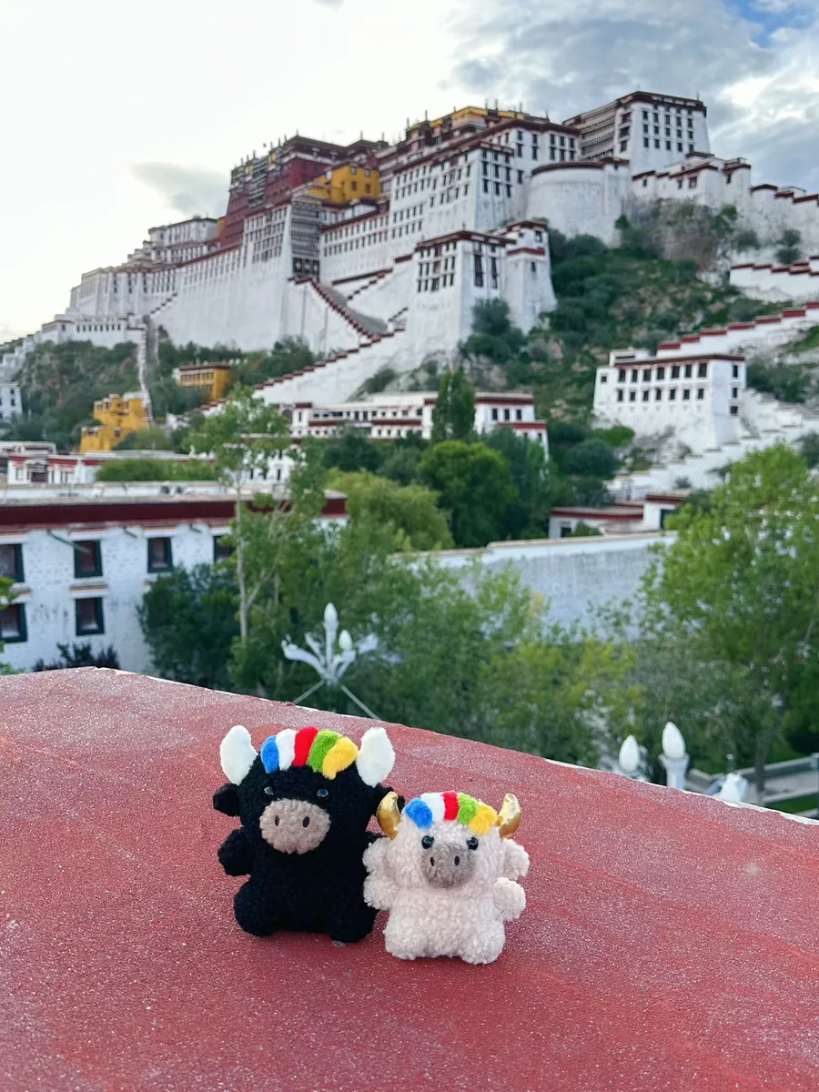 Tashi and Dele on a red rooftop looking out over Lhasa toward the Potala Palace — 遠望布達拉宮的扎西與德勒