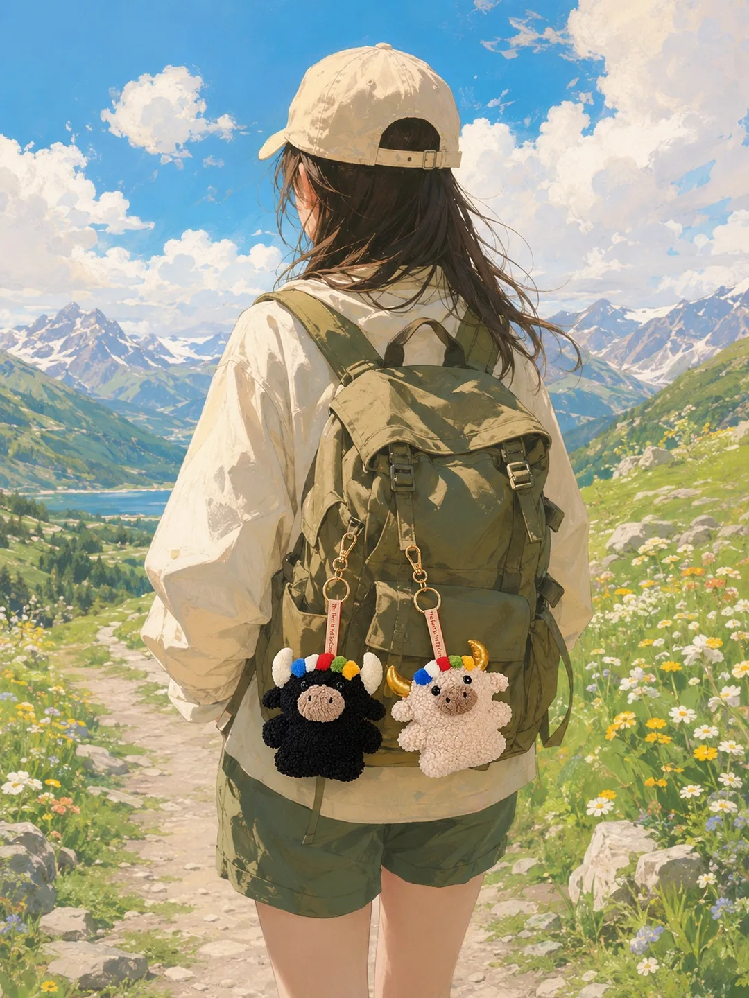 Illustration of a girl hiking through a flower meadow with Tashi and Dele hanging on her backpack — 插畫裡背著雙牛掛件的女孩走在花海山路上