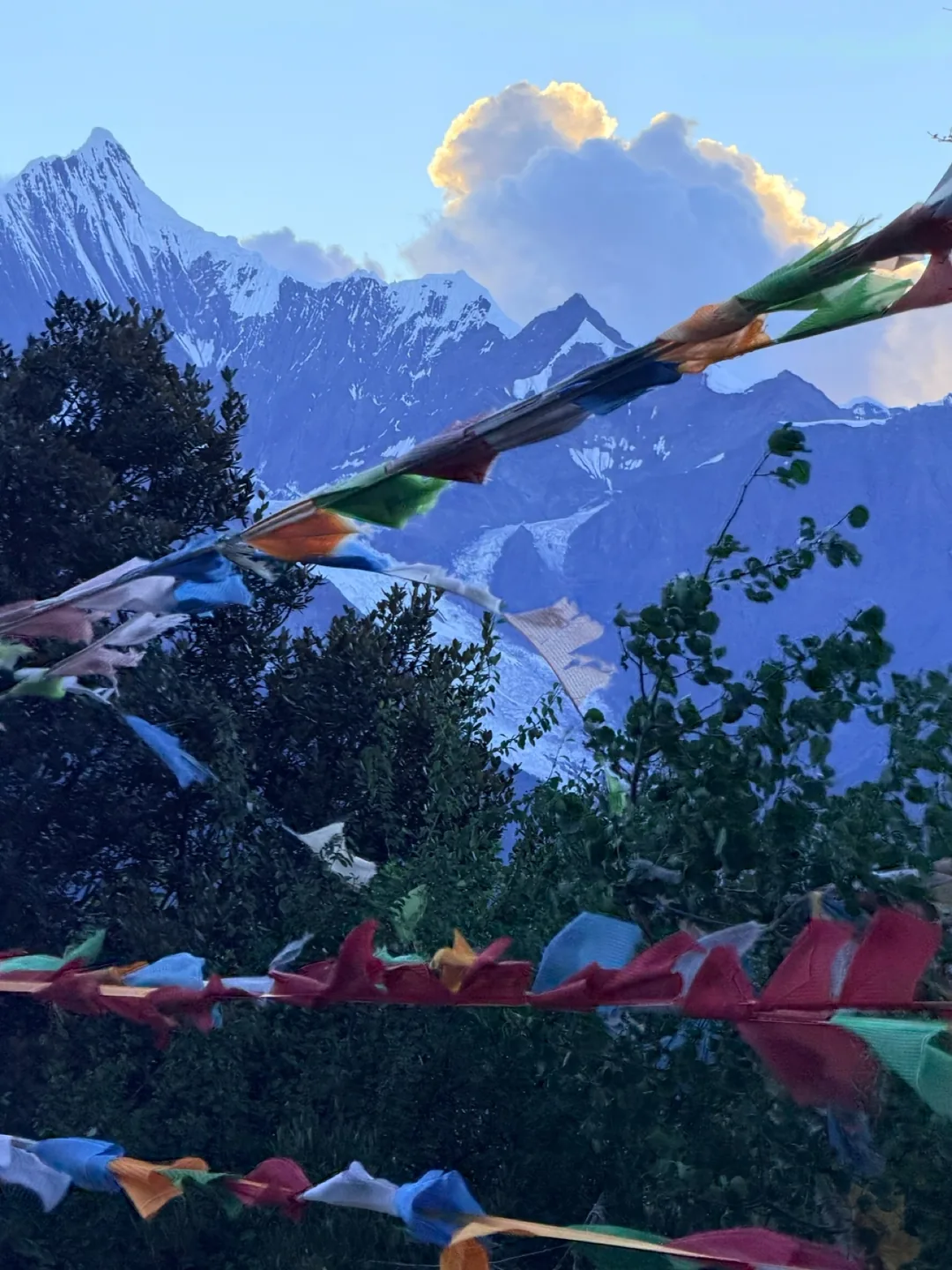Prayer flags strung across green slopes with snowy peaks behind at dusk — 黃昏雪山前的經幡
